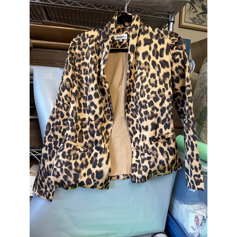 About Us Leopard Print Open Front Blazer Jacket Tan‎ Black XXS
